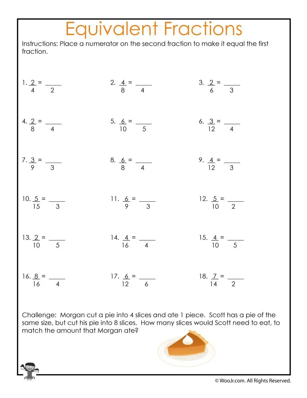 Third grade math worksheet for students to practice identifying and writing equivalent fractions