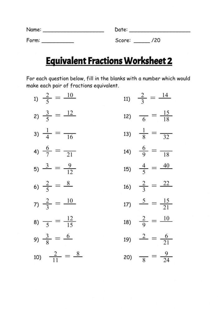 Worksheet featuring equivalent fractions for third graders