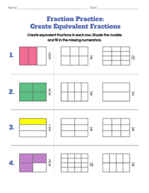 Third grade student completing a colorful equivalent fractions worksheet