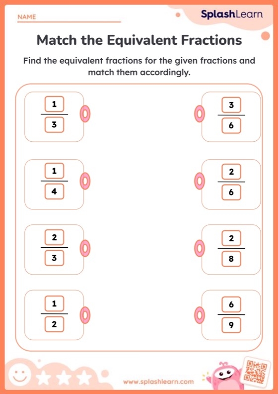 Third grade students matching visual models to equivalent fractions on a science themed worksheet