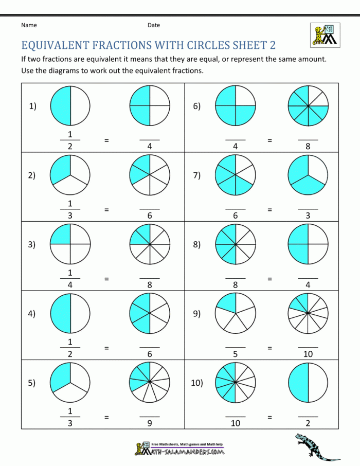 Third grade student completing a worksheet on identifying and writing equivalent fractions
