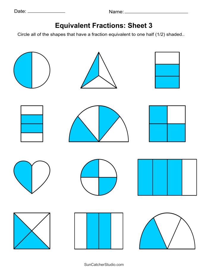 Third grade student worksheet featuring colorful visual exercises for identifying equivalent fractions