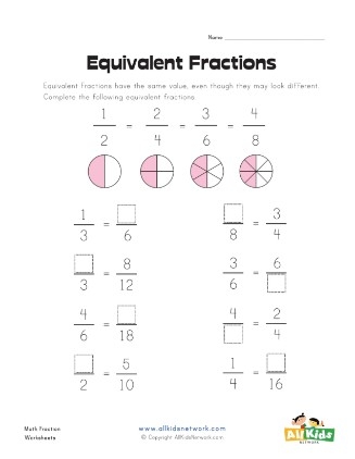 Colorful worksheet for third graders practicing equivalent fractions like 1/2, 2/4, and 3/6
