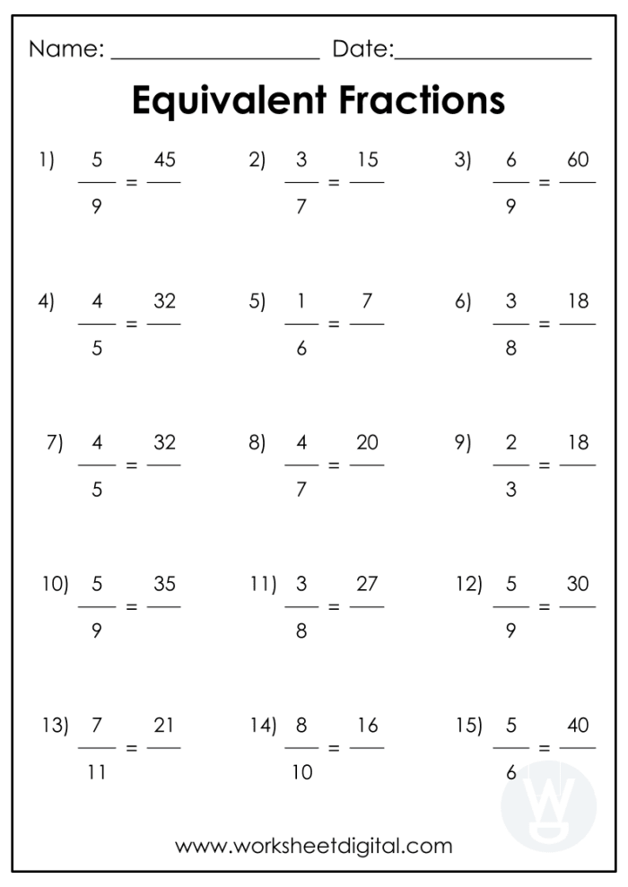 Worksheet featuring equivalent fractions for third-grade students