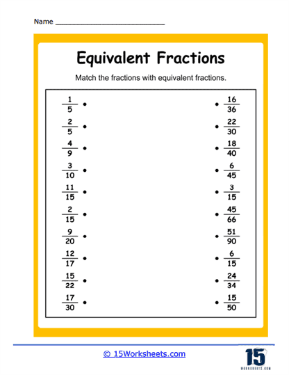 Matching worksheet for third graders to practice identifying equivalent fractions with visual aids