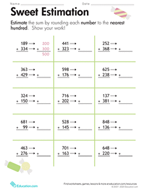 Third grade math worksheet showing rounding exercises where students estimate sums by rounding two numbers to the nearest ten or hundred before adding them together