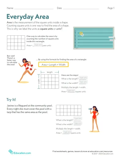 Everyday Area Worksheet Number Twenty-Two for Third Grade Math Practice Third grade worksheet illustrating how to calculate the area of everyday shapes through addition and multiplication