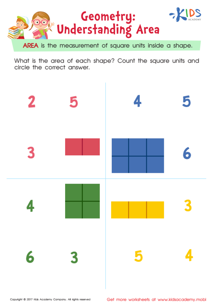 Everyday Area Worksheet Grade 3 Math Exercise 15 Third grade student using an Everyday Area worksheet to practice multiplication and addition for geometry