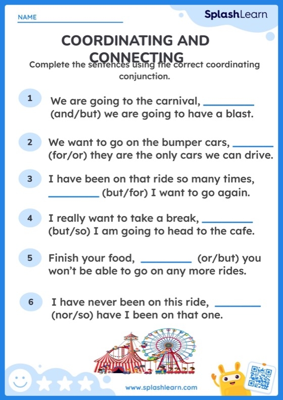 Worksheet featuring a grammar activity on expanding sentences with coordinating conjunctions for third graders