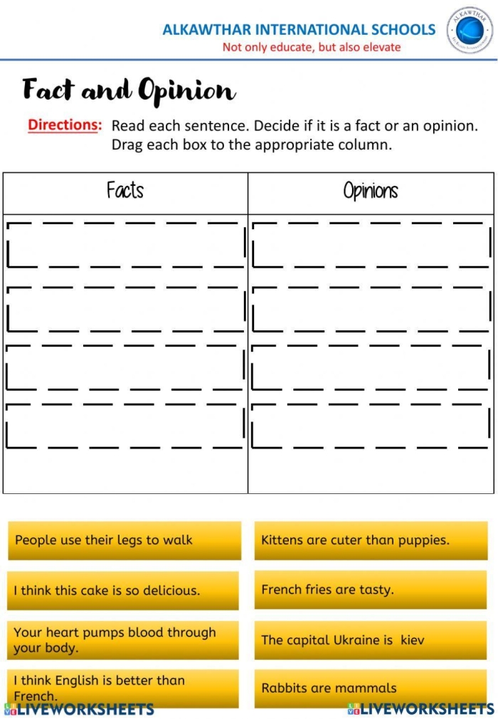 Fact and opinion worksheet designed for third graders to distinguish between facts and opinions