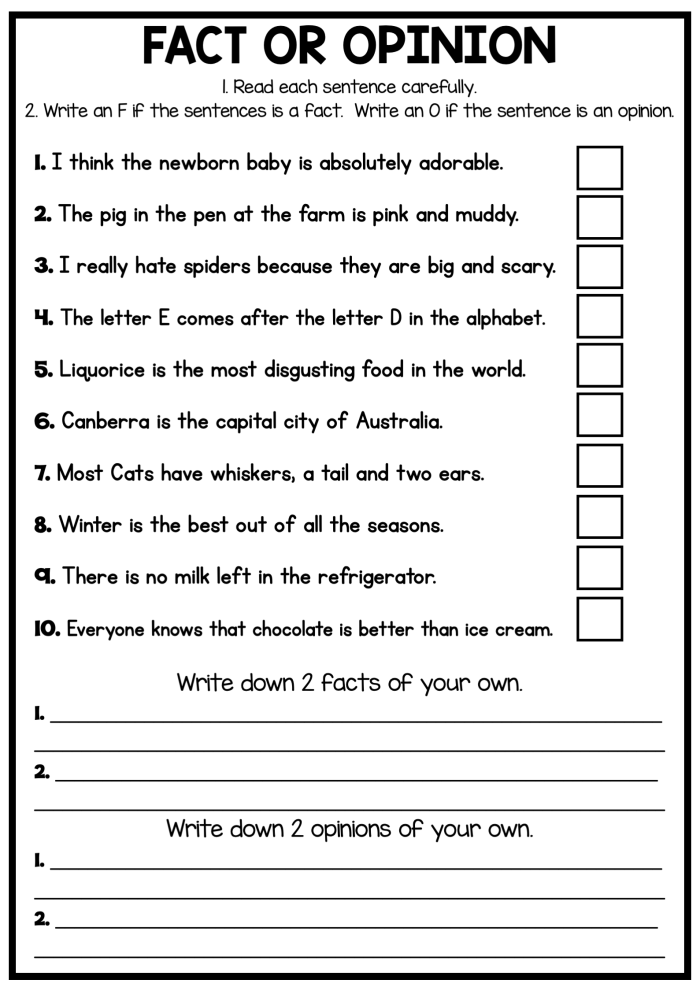 Fact and opinion worksheet designed for third graders to distinguish between facts and opinions