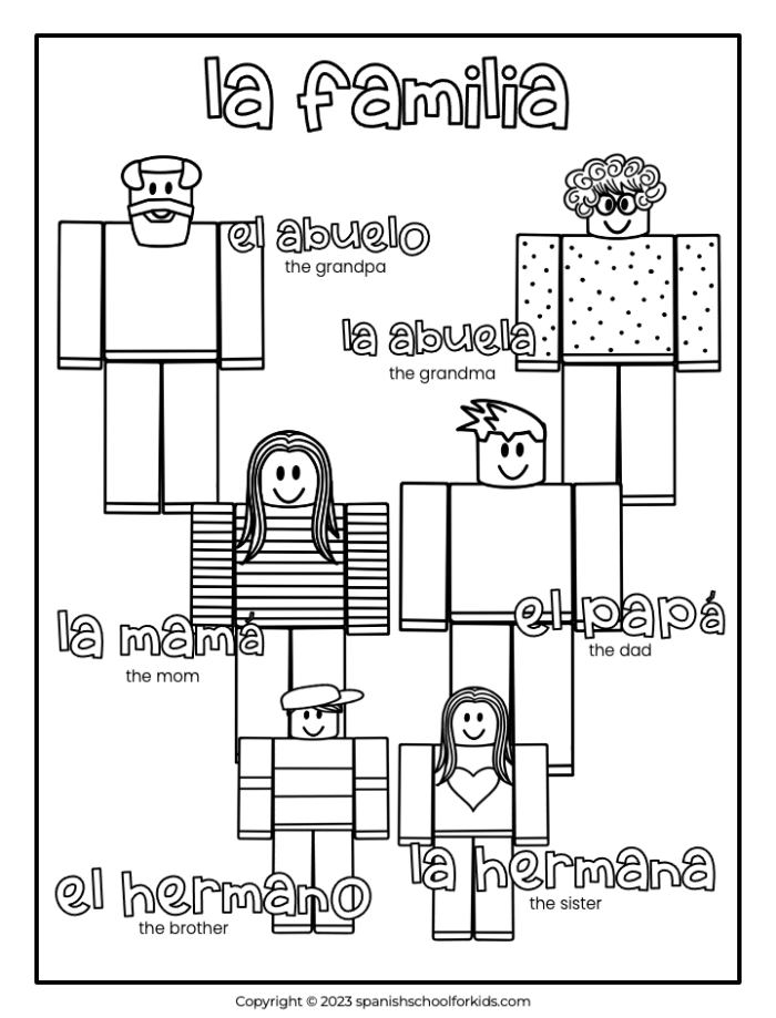 Spanish Family Members Learning Activity for Elementary Students Third grade bilingual worksheet showing Spanish family member vocabulary with illustrations for parents and relatives