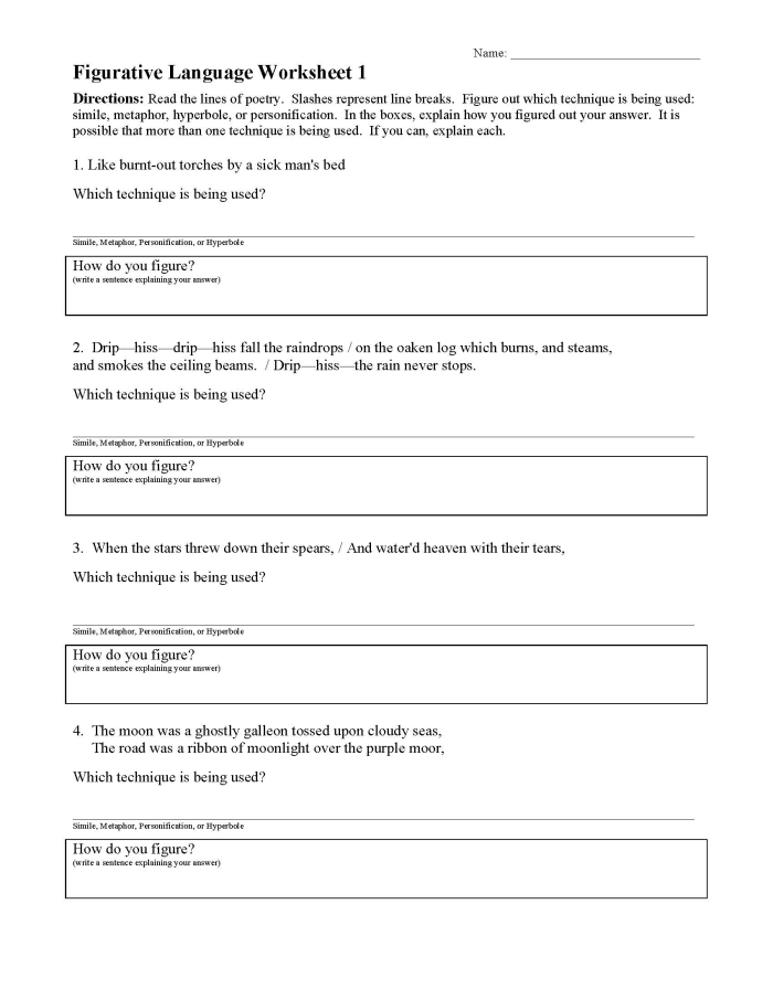 Making Sense of Figurative Language Worksheet 10 Third grade students practicing figurative language skills on a worksheet with context clues