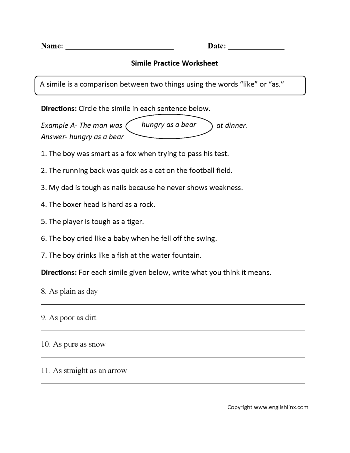 Making Sense of Figurative Language 1 Worksheet Fifth Example Exercise Third grade students practicing figurative language identification with context clues on a worksheet