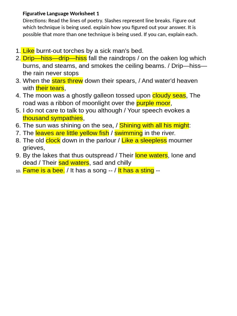 Making Sense of Figurative Language 1 activity 15 for elementary students Third grade worksheet showing figurative language examples with context clues for students to determine meanings