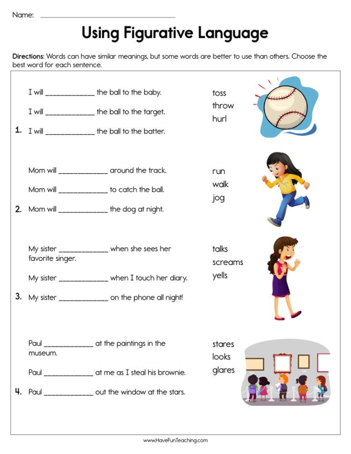 Engaging worksheet for third graders focusing on figurative language, including similes and metaphors. Figurative Language Practice worksheet for grade 3 students.