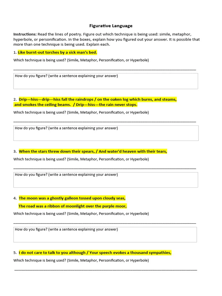 Making Sense of Figurative Language 1 Practice Activity 9 Third grade worksheet showing figurative language examples with context clues for students to practice inferring meanings