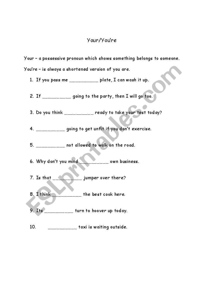 Writing worksheet for Third Grade Worksheet featuring a fill-in-the-blank story to help third graders learn the difference between your and you're. Educational resource for mastering common writing mistakes in a fun way.