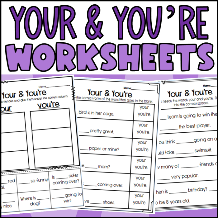 Writing worksheet for Third Grade Worksheet illustrating the difference between you're and your for third graders. Engaging fill-in-the-blank story for practicing correct usage.