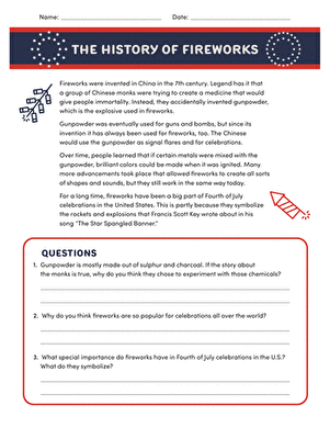 Colorful worksheet for third graders exploring the history of fireworks with questions for reflection