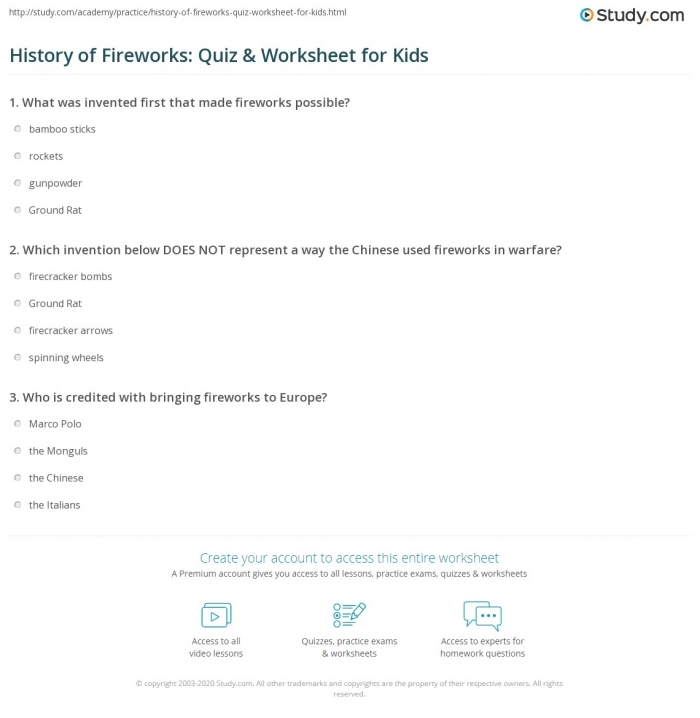 Worksheet featuring a brief history of fireworks for third graders to read and answer questions. Educational resource for enhancing reading comprehension about fireworks.