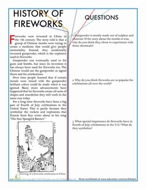 Third grade students reading an informative history of fireworks worksheet with comprehension questions