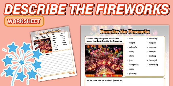 Worksheet image showcasing the history of fireworks for third graders to read and respond to questions. Educational resource for understanding the background and significance of fireworks.