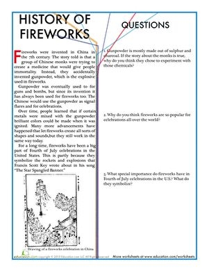 Illustration of a third-grade worksheet about the history of fireworks with questions for students