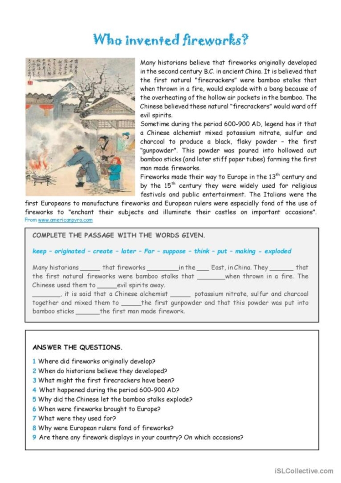 Third grade student reading a passage about the evolution of fireworks with comprehension questions below