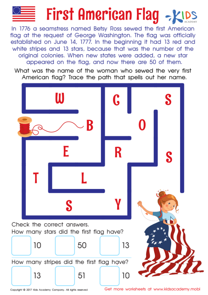 Third grade student completing a social studies worksheet about the history of the American flag