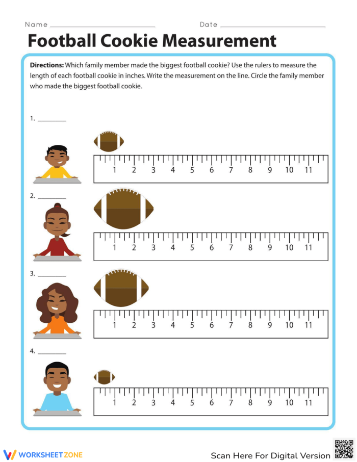 Engaging division activity featuring fun football-themed baking measurements Football Cookie Measurement worksheet for third graders measuring cookie sizes