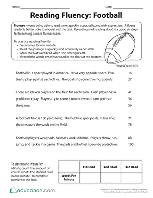 Third grade reading fluency worksheet featuring a 100-word football themed passage for counting and literacy practice