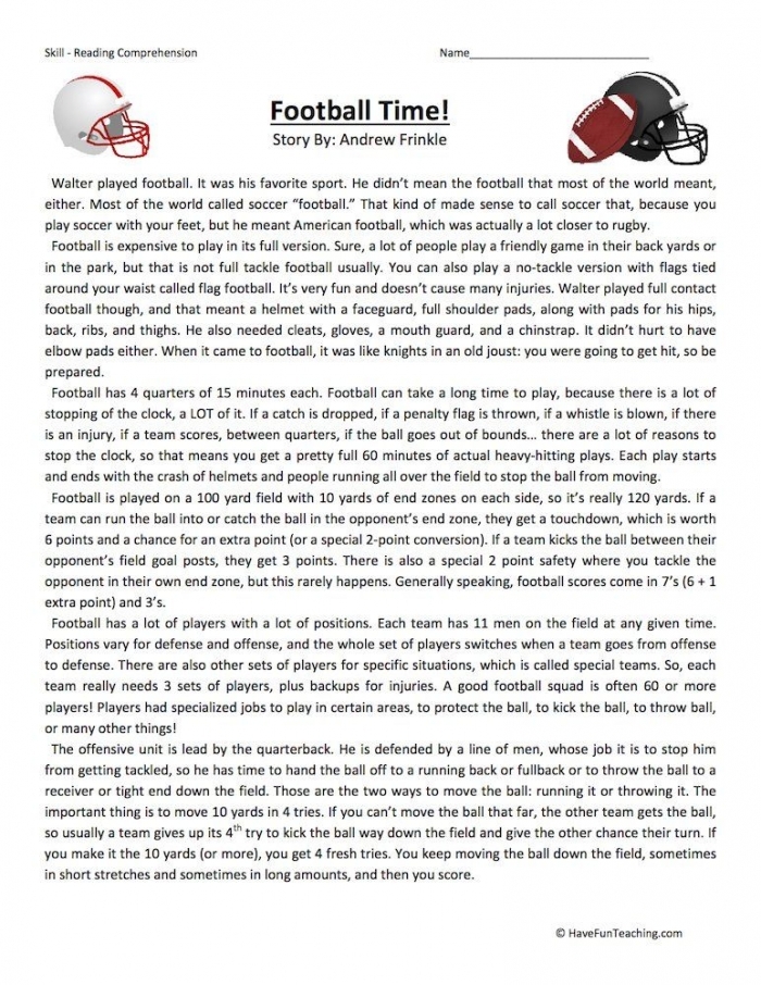 Third grade reading fluency worksheet about football with a 100 word counting exercise