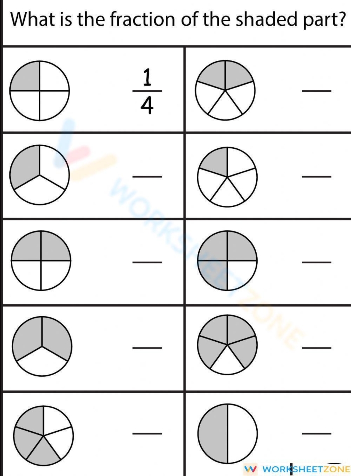 Educational worksheet image for teaching fraction concepts to third grade students Fraction Basics worksheet for third graders featuring shaded shapes to identify fractions