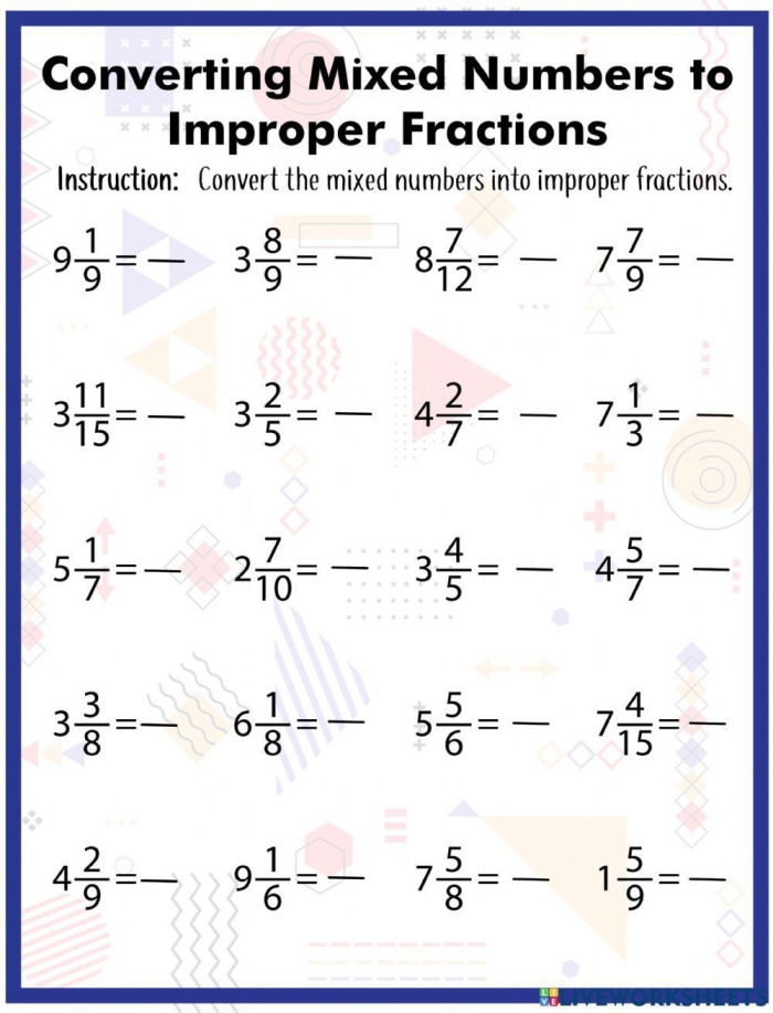 Worksheet showing how to add mixed numbers and improper fractions on a number line for third graders