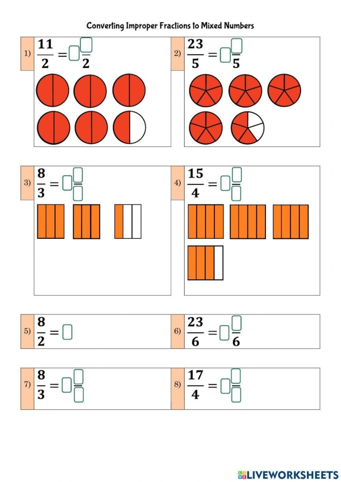 Worksheet illustrating the addition of mixed numbers and improper fractions on a number line for third graders