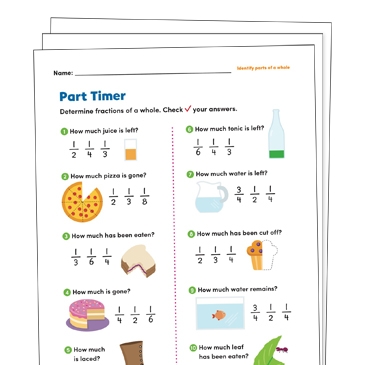 Worksheet featuring a check-in assessment on fractions of a whole for third-grade students