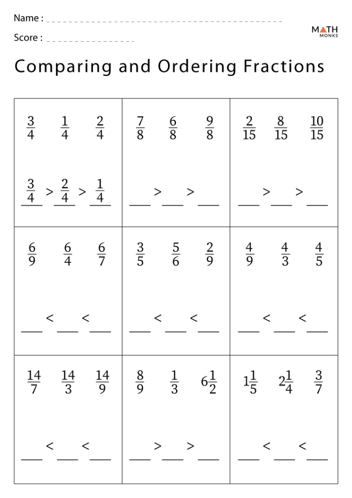 Third grade math worksheet showing fraction comparison problems with visual models and numerical exercises for assessing student understanding of comparing fractions like 2/5 and 2/8