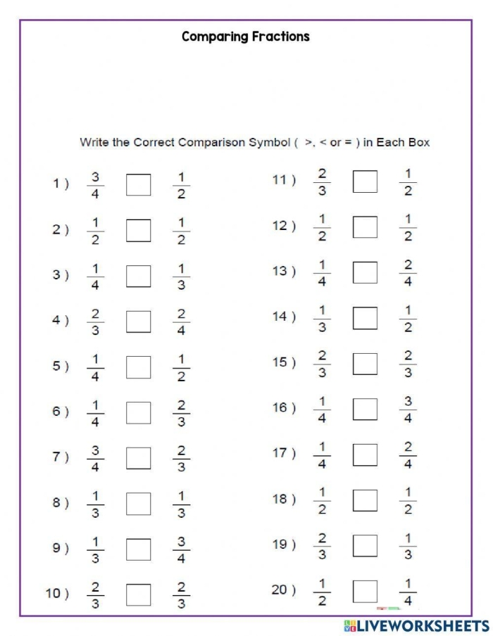 Third grade students comparing fractions 2/5 and 2/8 using visual fraction models and numerical comparison on a two-page assessment worksheet
