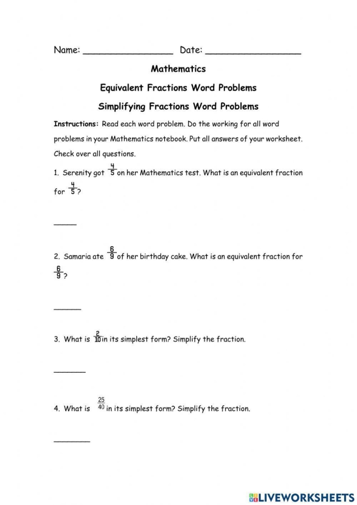 A student working on a third grade math worksheet about comparing fractions in word problems
