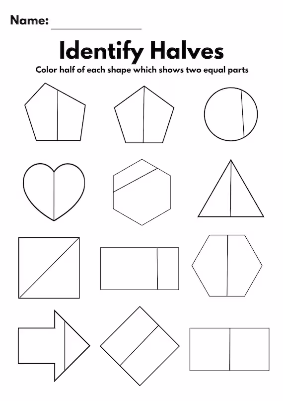Third grade student working on a color the fraction worksheet with geometric shapes
