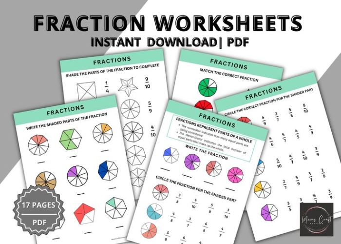 Fraction Basics worksheet for third grade students, image 18 Worksheet for third graders to practice identifying fractions with shaded shapes