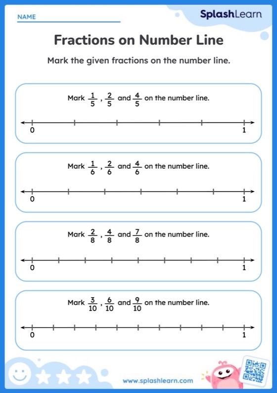 Third grade student practicing fractions on a number line worksheet