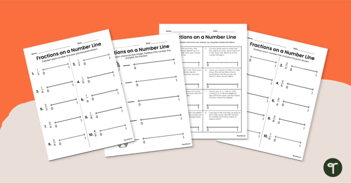 Worksheet for representing fractions on a number line for third graders