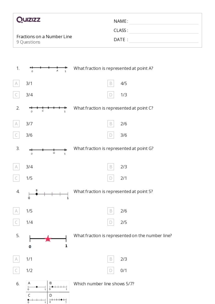 Worksheet for graphing fractions on a number line for third-grade students