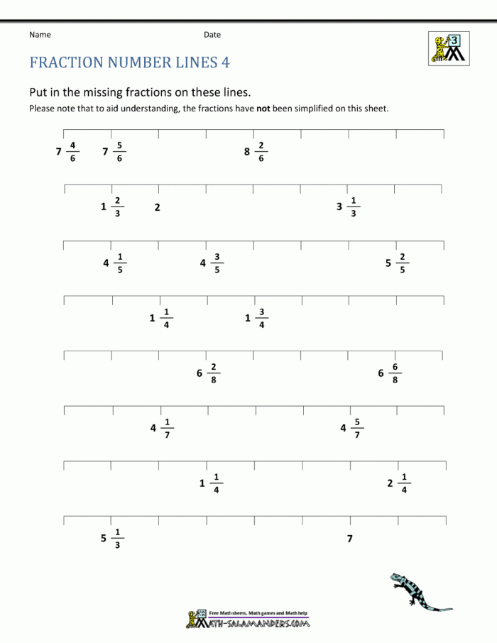 Third grade student practicing how to draw fractions on a number line worksheet