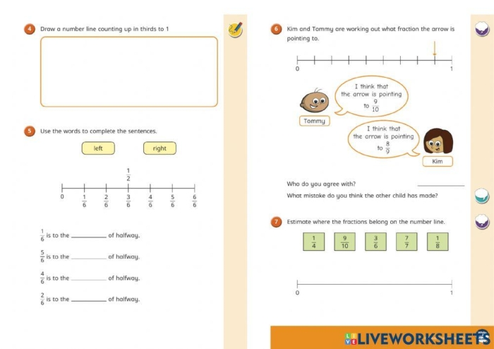 Third grade student practicing how to draw fractions on a number line worksheet