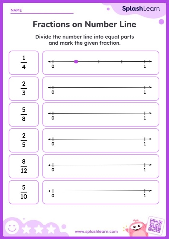 Third grade student completing a math worksheet about placing fractions on a number line
