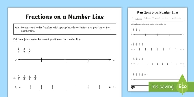 Third grade student practicing how to plot fractions on a number line worksheet