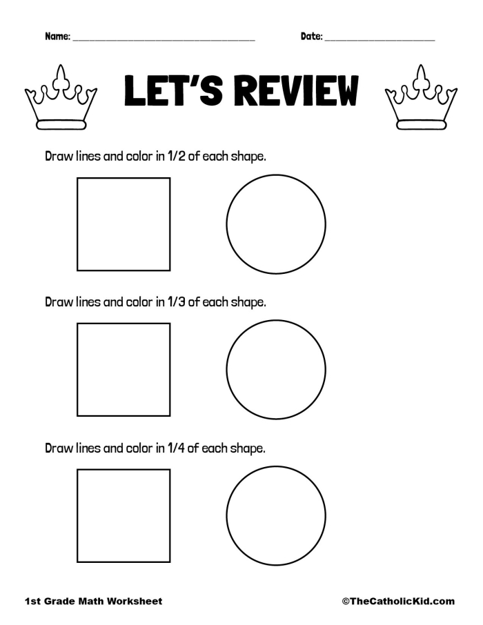 Colorful fraction review worksheet designed for third graders to test their skills